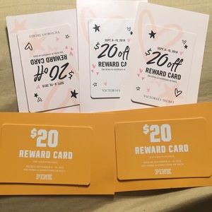 SOLD !!!!!!!!!!! LOT 5 VS PINK $20 REWARD CARDS ❤️